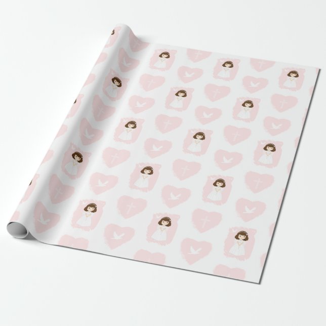 Communion Dove Brünett Girl Geschenkpapier (Ungerollt)