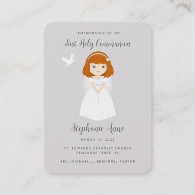 Communion Dove Redhead Girl Gebet Visitenkarte (Vorderseite)