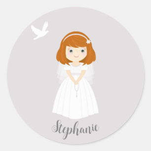 Communion Dove Redhead Girl Runder Aufkleber