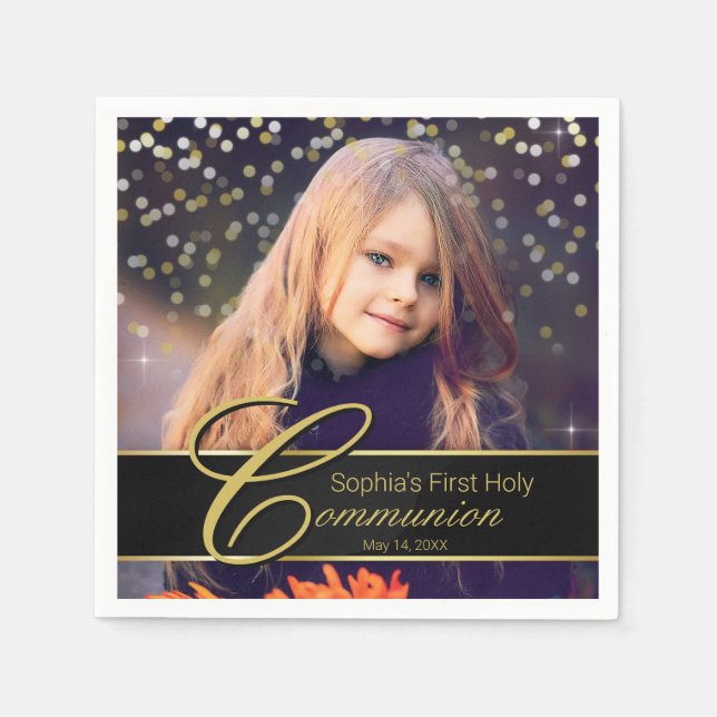 Communion Foto Elegant Gold Typografy Glitzer Serviette (Vorderseite)