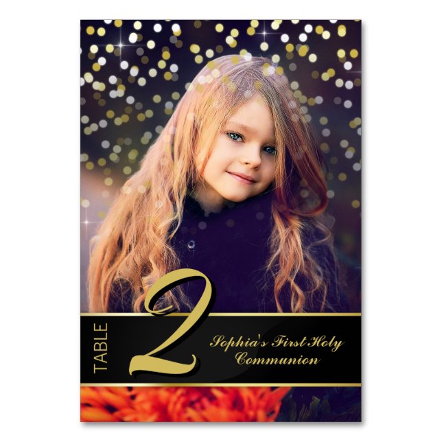 Communion Foto Elegant Gold Typografy Glitzer Tischnummer (Vorderseite)