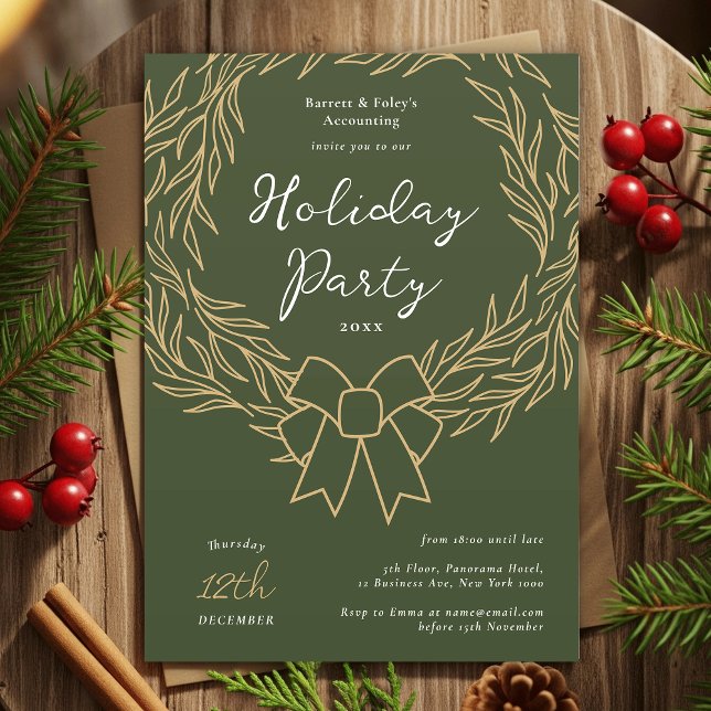 Company Holiday Party Green & Gold Wreath Business Einladung (Modern minimal greenery wreath Business Holiday Party Invitation in green and gold)
