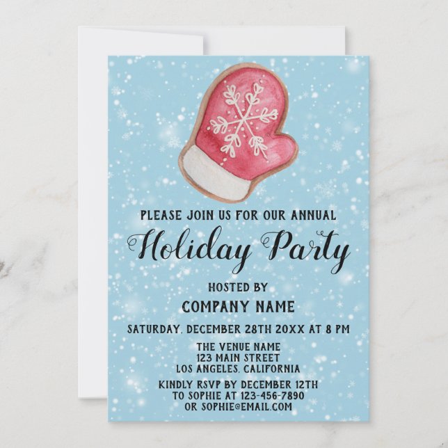 Company Holiday Party Red & White Mitten Blue Snow Einladung (Vorderseite)