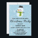 Company Holiday Weihnachten Party White Snowman Bl Einladung<br><div class="desc">Feiern Sie die Urlaubssaison mit diesem niedlichen, festlichen Schneemann mit grünem Schal und schwarzem Hut Unternehmen Weihnachten Party Einladung. Die Details des Party sind in einer skurrilen, fett schwarzen Schriftzeichen-Typografie mit einem hellblauen Hintergrund mit fallenden weißen Schneeflocken geschrieben. Diese Einladung eignet sich perfekt für ein Party im Urlaub, Weihnachten und...</div>