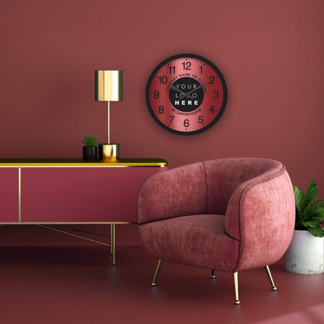 Company Logo Burgundy Black Name Slogan  Große Wanduhr (Company Logo Burgundy Black Name Slogan Large Clock)
