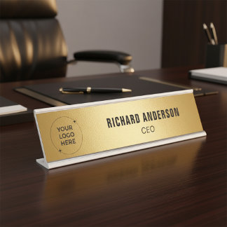 Company Logo Name Title Modern Gold Texture Schreibtischnamensplakette
