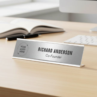 Company Logo Name Title Modern Silver Texture Schreibtischnamensplakette