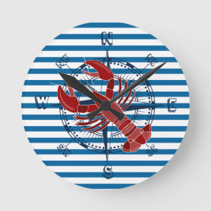 Compass and Lobster Blue and White Stripe Clock Runde Wanduhr