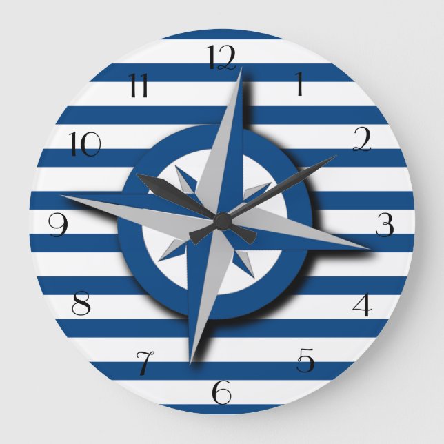 Compass and Stripes Pattern Nautical Inspired Große Wanduhr (Vorderseite)