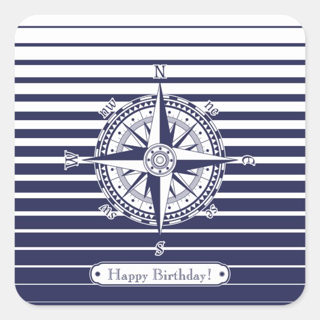 Compass Rose Blue Stripes Quadratischer Aufkleber (Vorderseite)