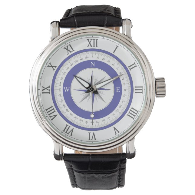Compass Rose Blue White Nautic Armbanduhr (Vorderseite)