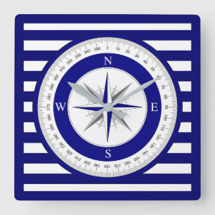 Compass Rose Nautical Blue and White Strip Quadratische Wanduhr