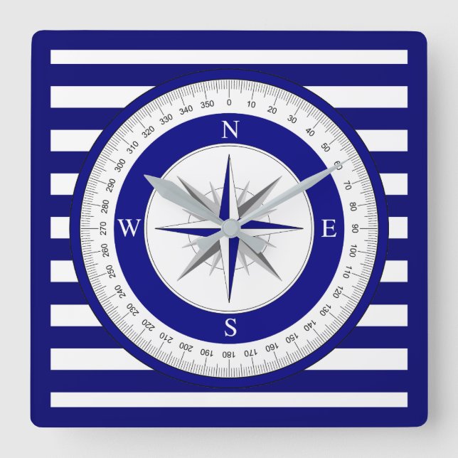 Compass Rose Nautical Blue and White Strip Quadratische Wanduhr (Vorderseite)
