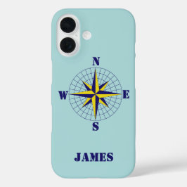 Compass Rose Navy und Gold mit Name Nautic iPhone 16 Hülle
