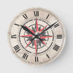 Compass Rose with Globe, Distressed Runde Wanduhr