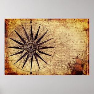 Compass Segelschiff Discovery Age World Map Poster