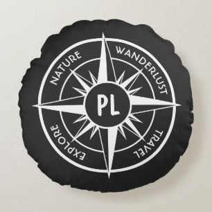 Compass star Emblem monogramm schwarz-weiß Rundes Kissen