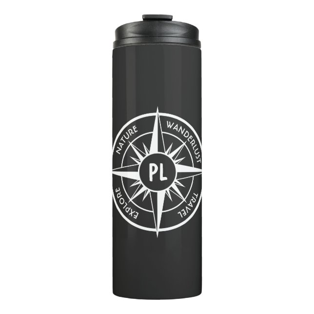 Compass star Emblem monogramm schwarz-weiß Thermosbecher (Vorderseite)