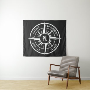 Compass star Emblem monogramm schwarz-weiß Wandteppich