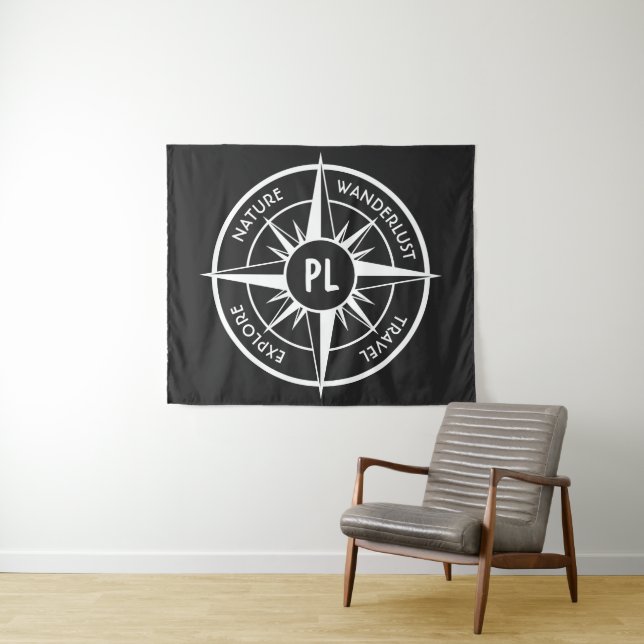 Compass star Emblem monogramm schwarz-weiß Wandteppich (Beispiel (Horizontal))