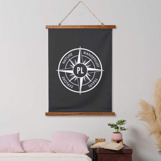 Compass star Emblem monogramm schwarz-weiß Wandteppich Mit Holzrahmen (Schlafzimmer)