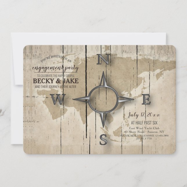 Compass und World Map Engagement Party Einladung (Vorderseite)