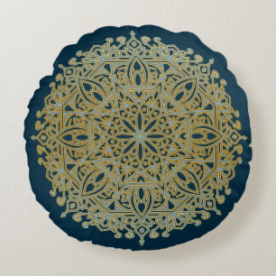 Complex Blue & Gold Mandala Rundes Kissen