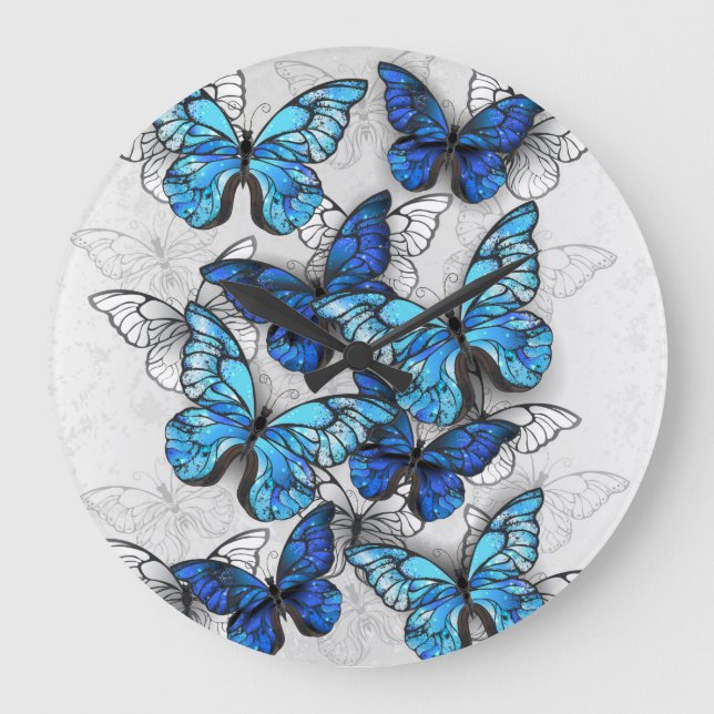 Composition of White and Blue Butterflies Große Wanduhr (Vorderseite)