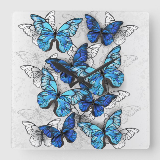 Composition of White and Blue Butterflies Quadratische Wanduhr (Vorderseite)