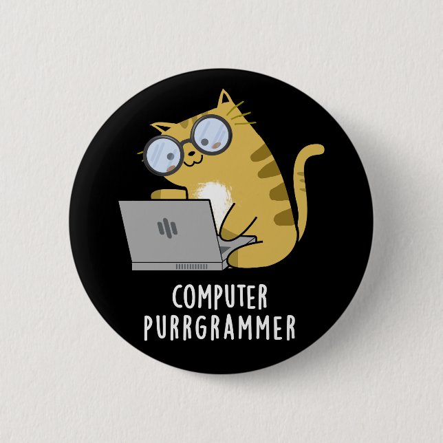 Computer Purr-Grammer Funny Cat Pun Dark BG Button (Vorderseite)