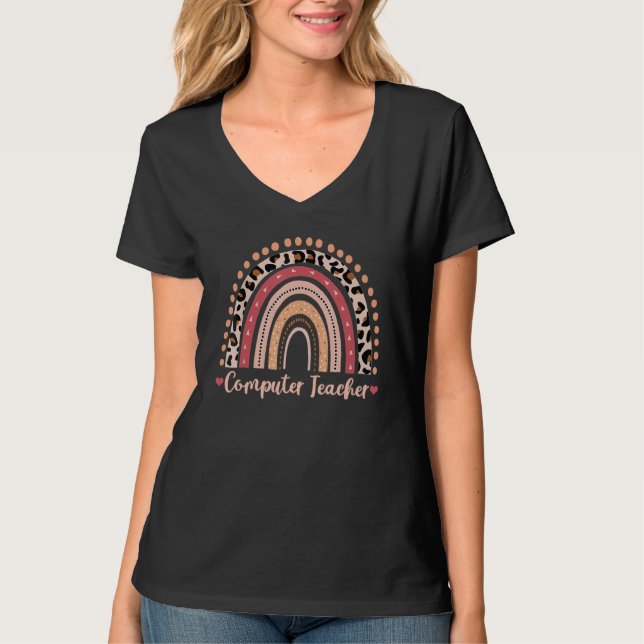 Computerlehrer Leopard Rainbow Boho T-Shirt (Vorderseite)