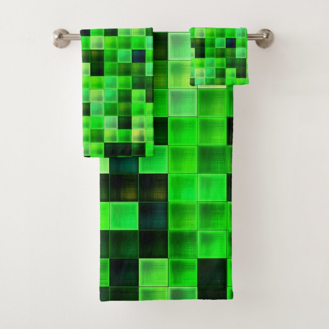 Computerspiel-Pixel grünes Quadratmuster Badhandtuch Set (Insitu)