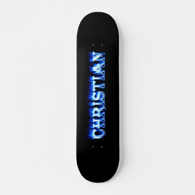 Conception de skateboard bleu feu et flammes (Devant)