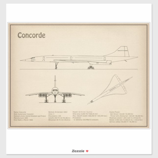 Concorde - Flugzeugkonzeption Zeichnend Pläne SD Aufkleber (Blatt)