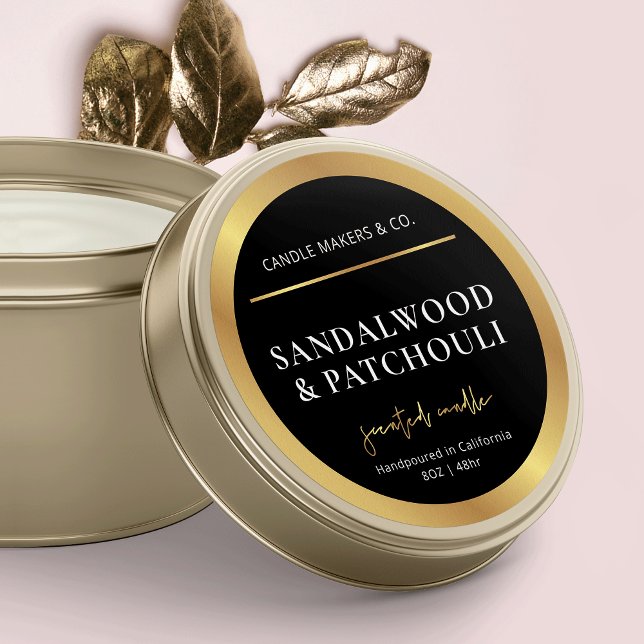 Conditionnement Étiquette moderne à bougies noir e (Black & Gold round candle stickers, great to add to your candle lids or jars)