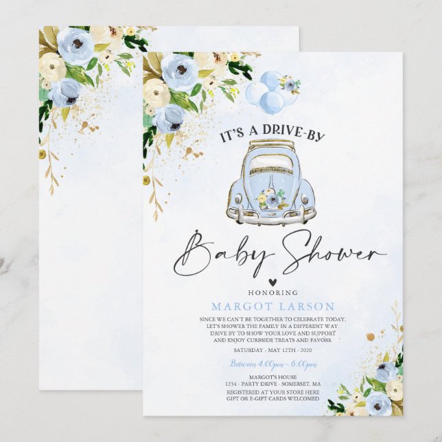 Conduire par Baby shower Invitation Blue Floral (Devant / Derrière)