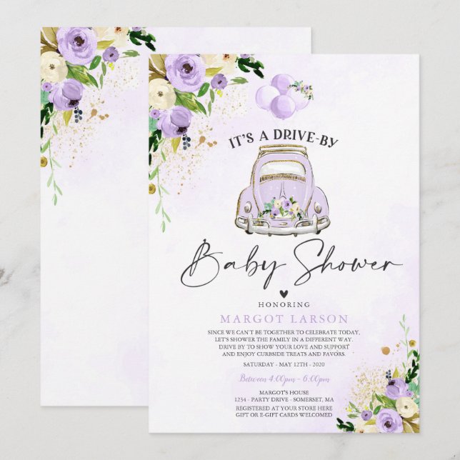 Conduire par Baby shower Invitation Floral Violet (Devant / Derrière)