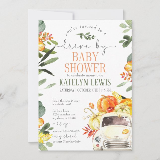 Conduire par Citrouille Baby shower Invitation (Devant)