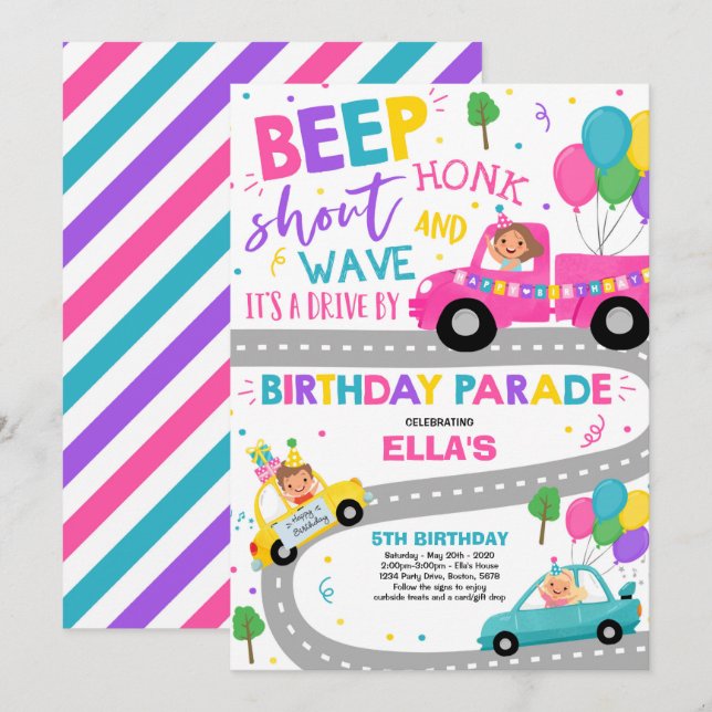 Conduite Par Anniversaire Parade Invitation Pink P (Devant / Derrière)