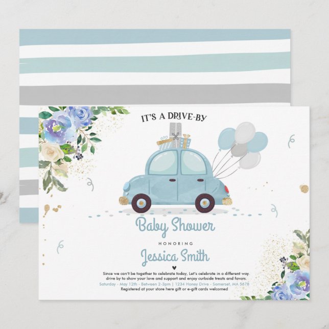Conduite Par Baby shower Invitation Bleu Floral Do (Devant / Derrière)