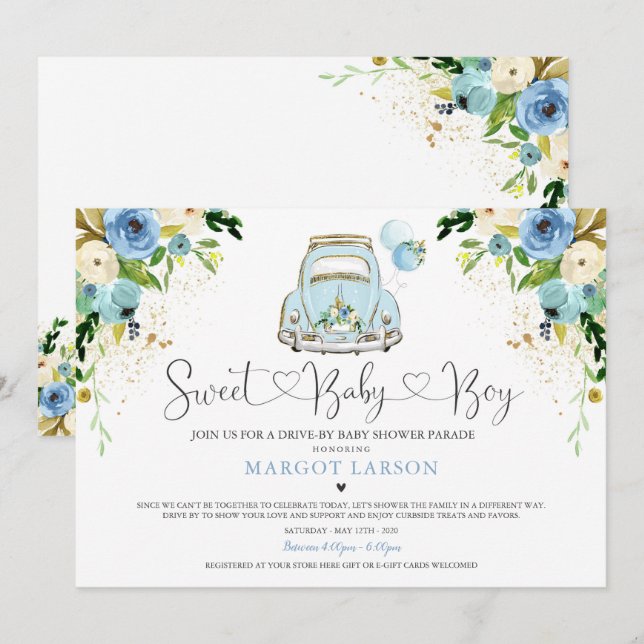 Conduite Par Baby shower Invitation Bleu Floral Do (Devant / Derrière)