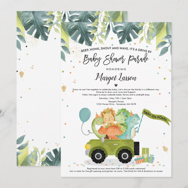 Conduite Par Baby shower Invitation Dinosaur Douch (Devant / Derrière)