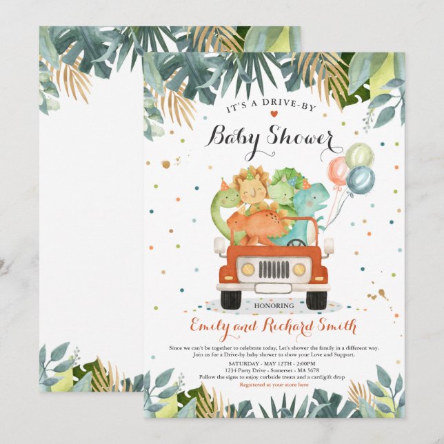 Conduite Par Baby shower Invitation Douche Dinosau (Devant / Derrière)