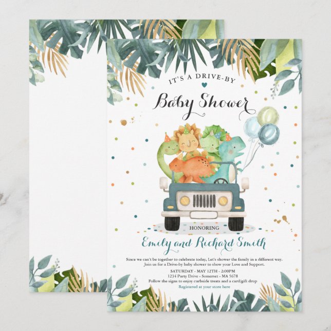 Conduite Par Baby shower Invitation Douche Dinosau (Devant / Derrière)