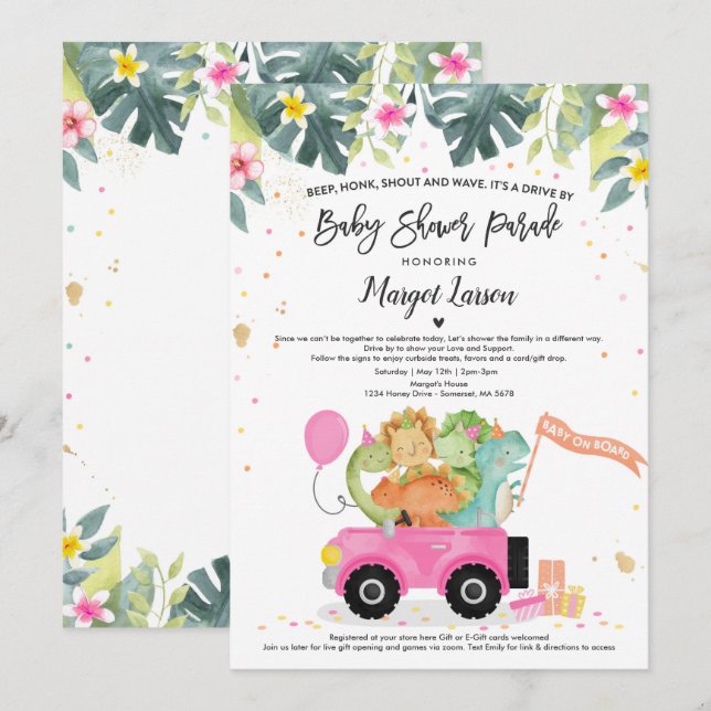 Conduite Par Baby shower Invitation Douche Dinosau (Devant / Derrière)