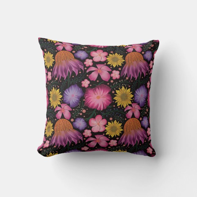 Coneflower Black Floral Pattern Kissen (Vorderseite)