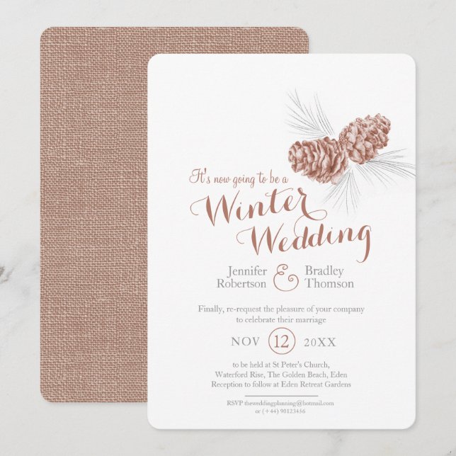 Cones Art braune graue Winterhochzeit neu geplant Einladung (Vorne/Hinten)