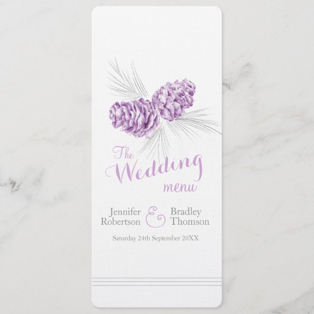 Cones lila graues Wintermenü Menükarte (Vorderseite)