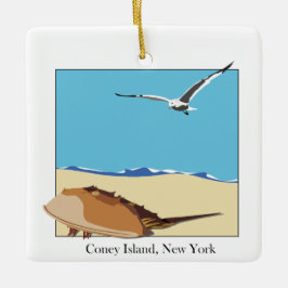 Coney Island, NY Horseshoe Crab Sea Gull Beach Keramikornament