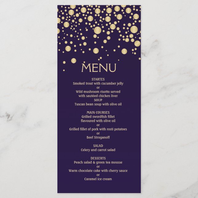 Confetti à effet doré sur violet Carte Menu (Devant)